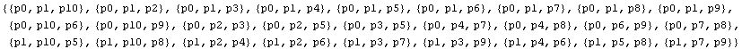 {{p0, p1, p10}, {p0, p1, p2}, {p0, p1, p3}, {p0, p1, p4}, {p0, p1, p5}, {p0, p1, p6}, {p0, p1, p7}, {p0, p1, p8}, {p0, p1, p9}, {p0, p10, p6}, {p0, p10, p9}, {p0, p2, p3}, {p0, p2, p5}, {p0, p3, p5}, {p0, p4, p7}, {p0, p4, p8}, {p0, p6, p9}, {p0, p7, p8}, {p1, p10, p5}, {p1, p10, p8}, {p1, p2, p4}, {p1, p2, p6}, {p1, p3, p7}, {p1, p3, p9}, {p1, p4, p6}, {p1, p5, p8}, {p1, p7, p9}}